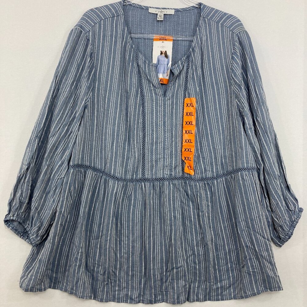 New Fever size XXL Blue Striped Split Neck Feminine Ultra Soft Rayon Blouse